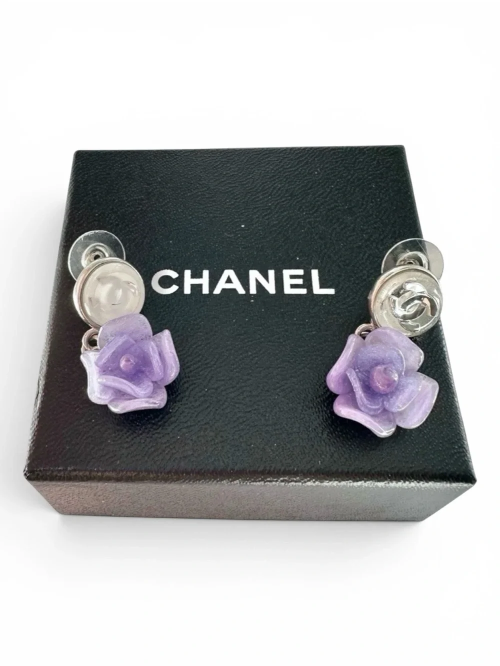 Chanel Purple Camellia Flower Silver Studded Earring Set with Box - Picture 1 of 15